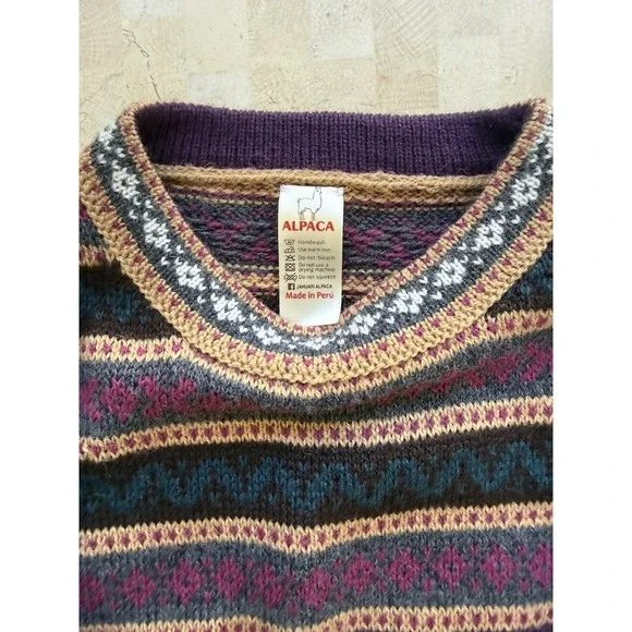 Jahuari Peruvian 100% Alpaca Fair Isle Purple Sweater Peru Outdoor Size M? - Picture 4 of 6